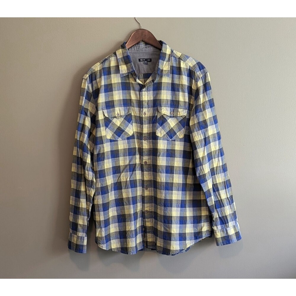 Gap Men’s Large Lightweight Plaid Button Up Shirt Blue Yellow Long Sleeve
